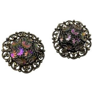 Vintage JUDY LEE Molded‎ Iridescent Carnival Glass Clip On Earrings